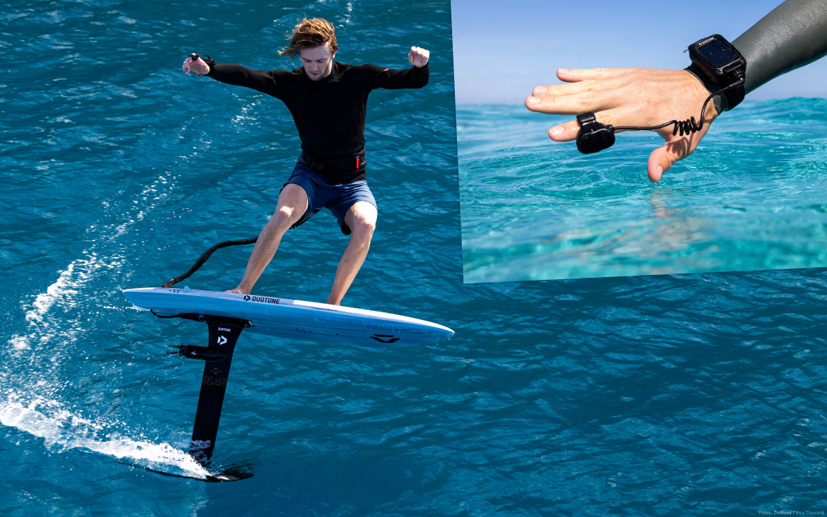 Die Fernsteuerung des E-Foils sitzt am Handgelenk (mit zusätzlichem Fingerschalter)