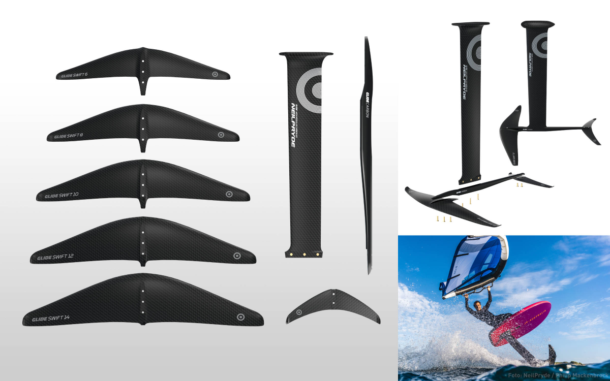 Glide Swift Carbon Foil: 5 Frontwings, 3 Backwings, 2 Fuselages und eine Mastlänge