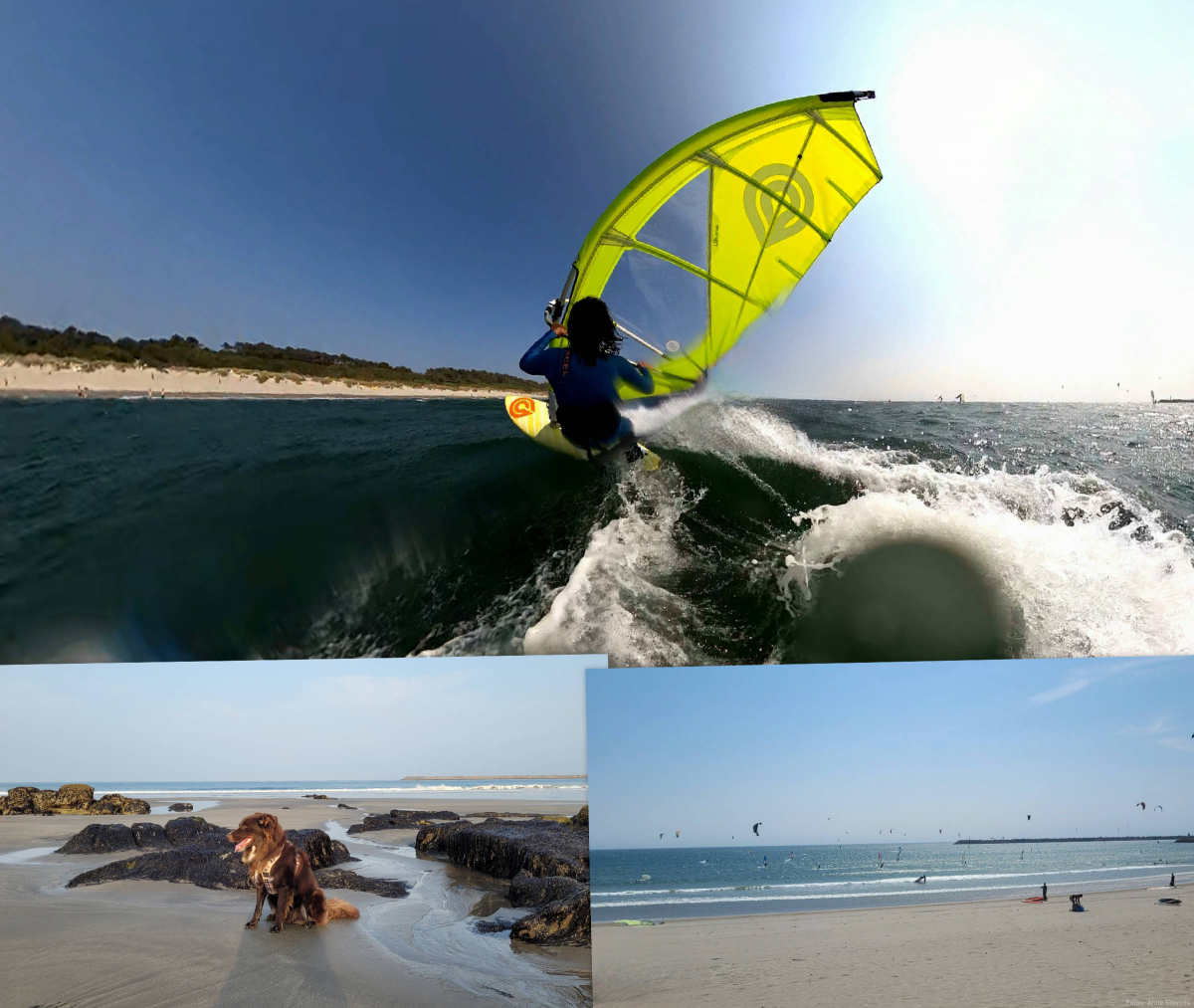 Windsurfen, Pelle bewacht die Steine, die bei Ebbe trocken liegen und die Bucht hinter der Mole