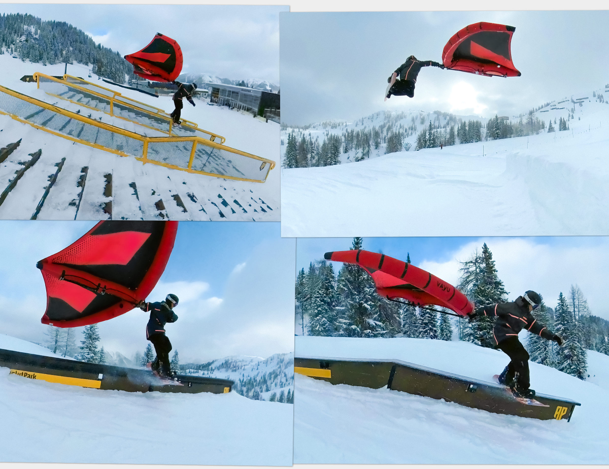 Mit Wing und Snowboard über Obstacles