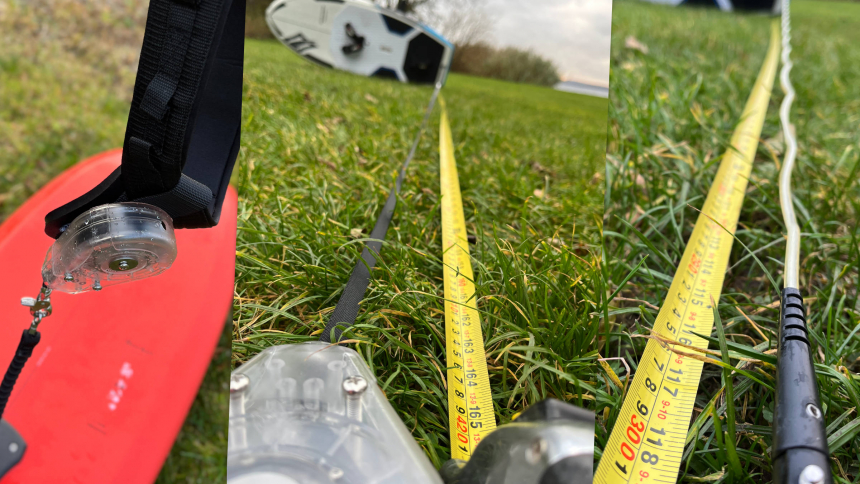 Left: Zero Drag Retracting Leash on the waist belt; right: comparison of board leash lengths