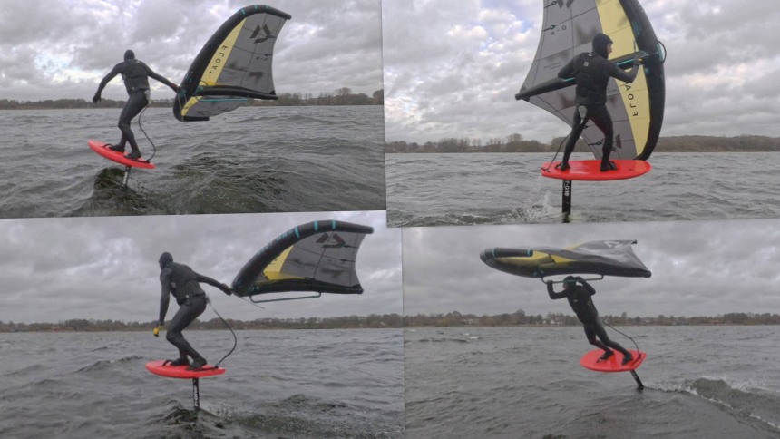 Blue Planet Zero Drag Retracting Leash System in use with wing foiling